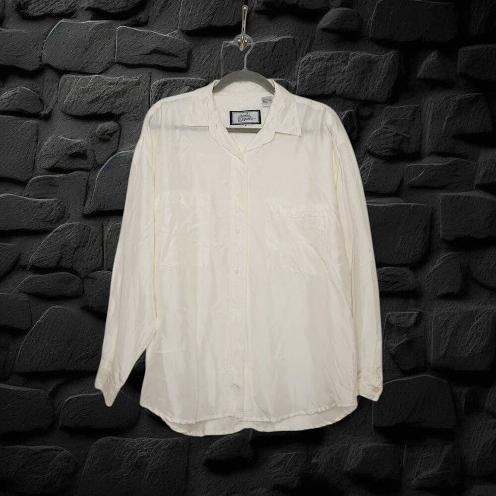 Vintage White Silk Button Shirt 80s 90s Punk Fairy Coastal Beach Whimsy Top M